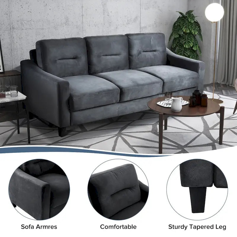 Schwarzes 76,7" Samt-3-Sitzer-Sofa mit Hartholzrahmen und hochdichtem Schaumstoff
