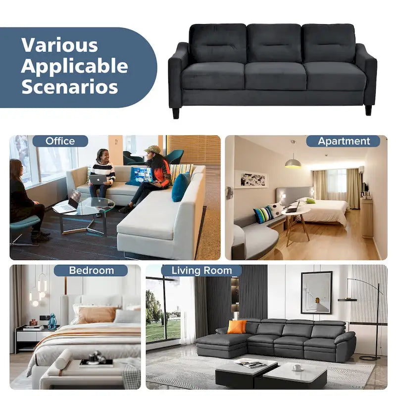 Schwarzes 76,7" Samt-3-Sitzer-Sofa mit Hartholzrahmen und hochdichtem Schaumstoff
