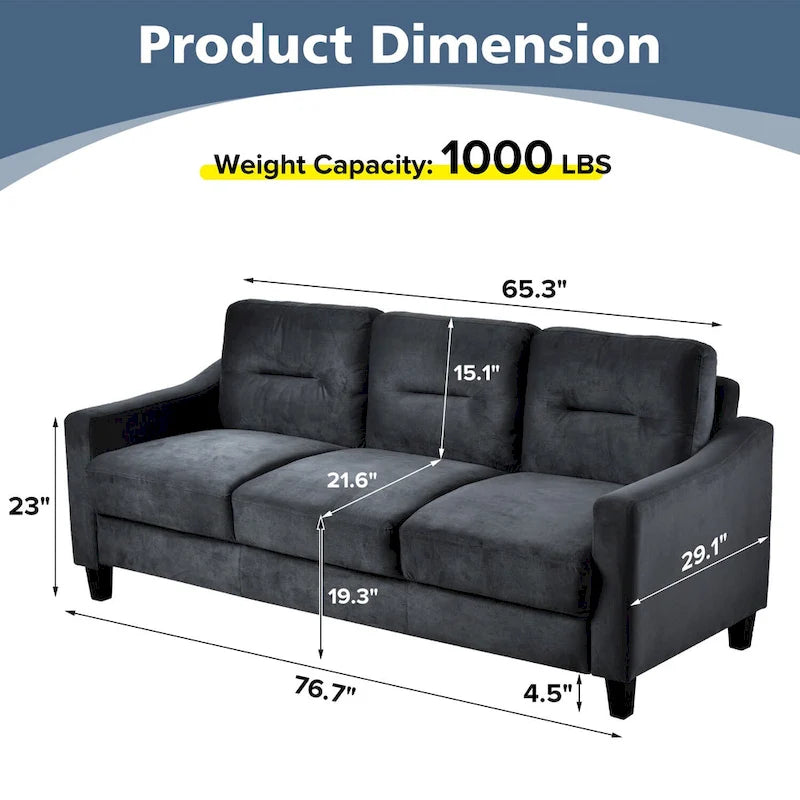 Schwarzes 76,7" Samt-3-Sitzer-Sofa mit Hartholzrahmen und hochdichtem Schaumstoff