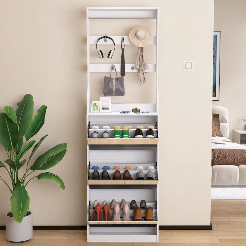 Spiegel-Schuhschrank mit 3 Kippfächern, Haken und Kleiderbügeln zur Organisation von Kleidung und Hüten
