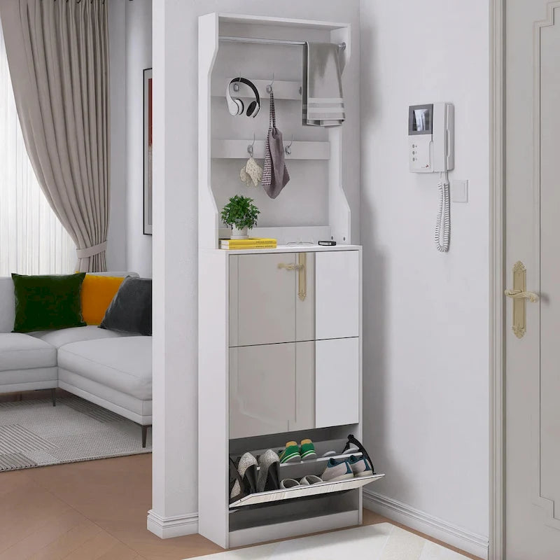 Spiegel-Schuhschrank mit 3 Kippfächern, Haken und Kleiderbügeln zur Organisation von Kleidung und Hüten