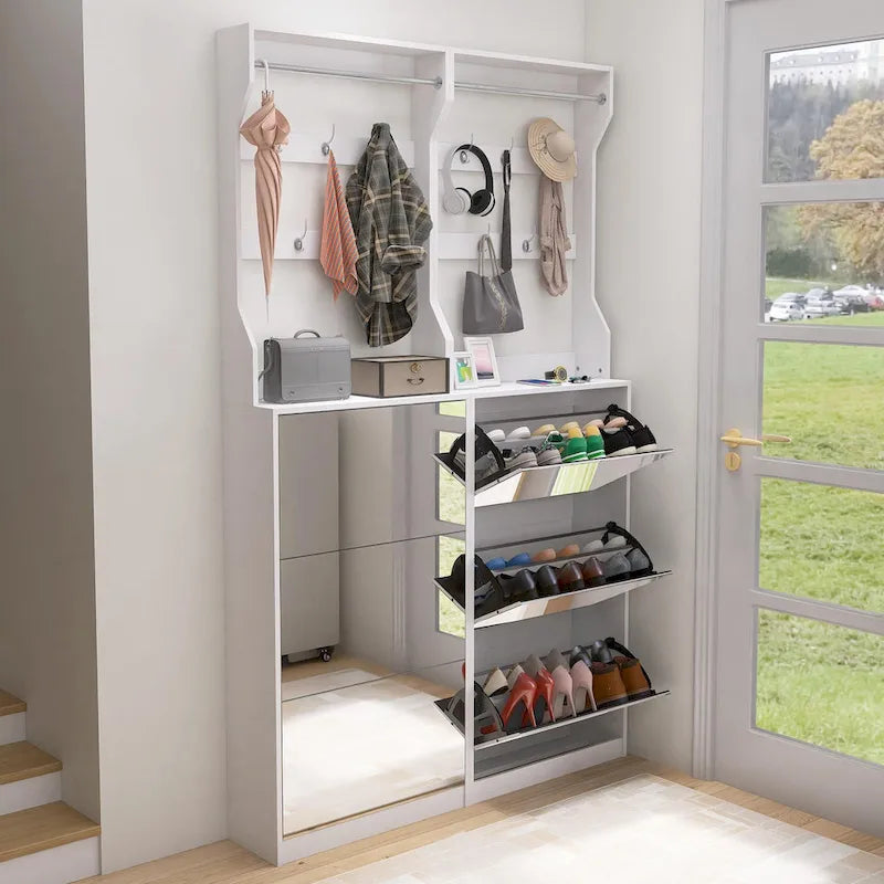 Spiegel-Schuhschrank mit 3 Kippfächern, Haken und Kleiderbügeln zur Organisation von Kleidung und Hüten