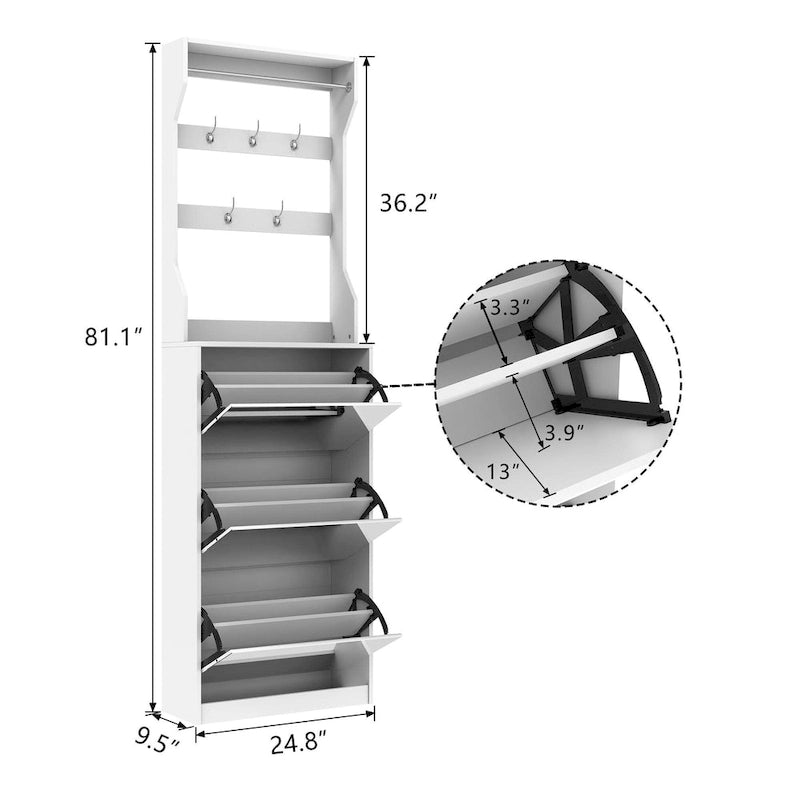 Spiegel-Schuhschrank mit 3 Kippfächern, Haken und Kleiderbügeln zur Organisation von Kleidung und Hüten
