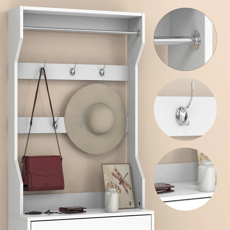 Spiegel-Schuhschrank mit 3 Kippfächern, Haken und Kleiderbügeln zur Organisation von Kleidung und Hüten