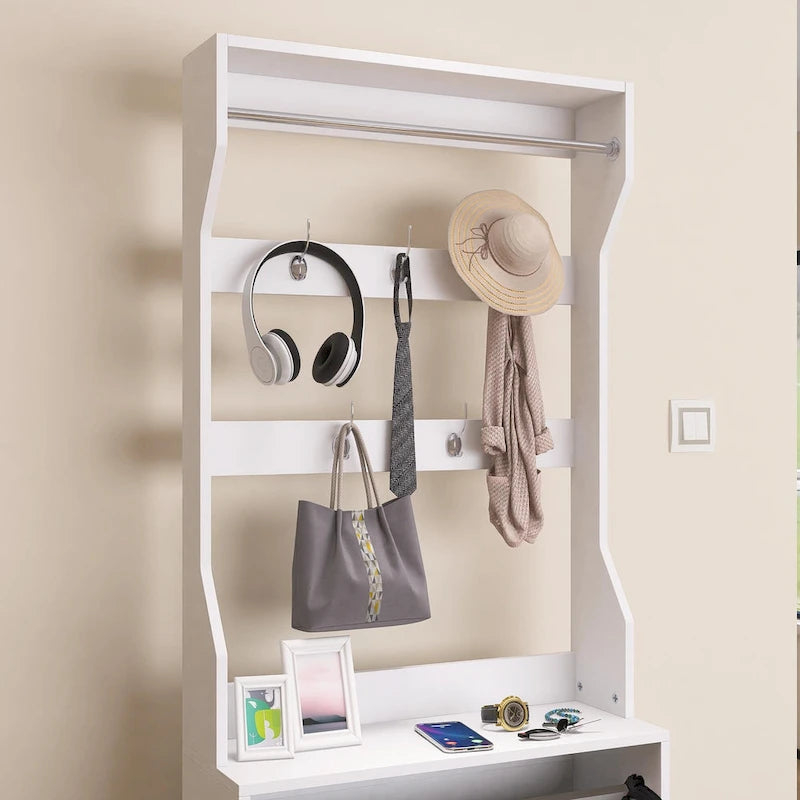 Spiegel-Schuhschrank mit 3 Kippfächern, Haken und Kleiderbügeln zur Organisation von Kleidung und Hüten