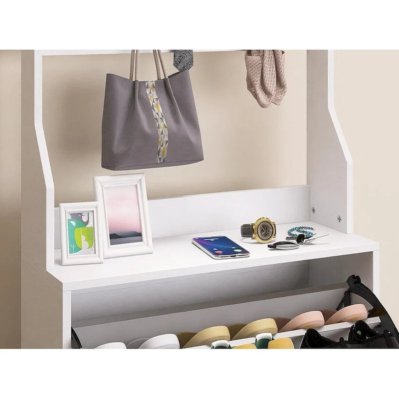 Spiegel-Schuhschrank mit 3 Kippfächern, Haken und Kleiderbügeln zur Organisation von Kleidung und Hüten