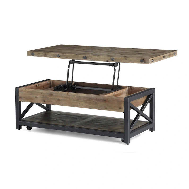 Kaffeetisch rechteckig aus braunem Holz, mit Hebeplatte und Rollen – 127x46x66 cm