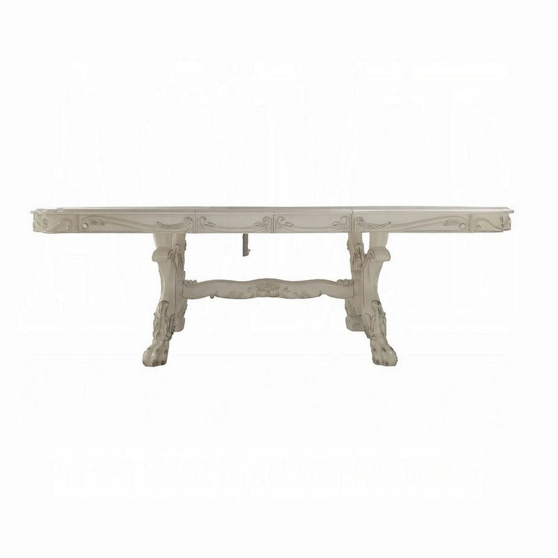 Esstisch, doppelter Säulenfuß, Knochenweiß Holz, 94-136 Zoll