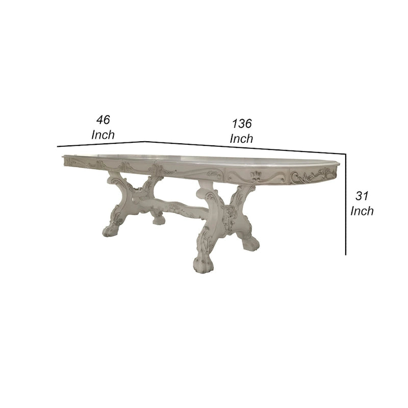 Esstisch, doppelter Säulenfuß, Knochenweiß Holz, 94-136 Zoll
