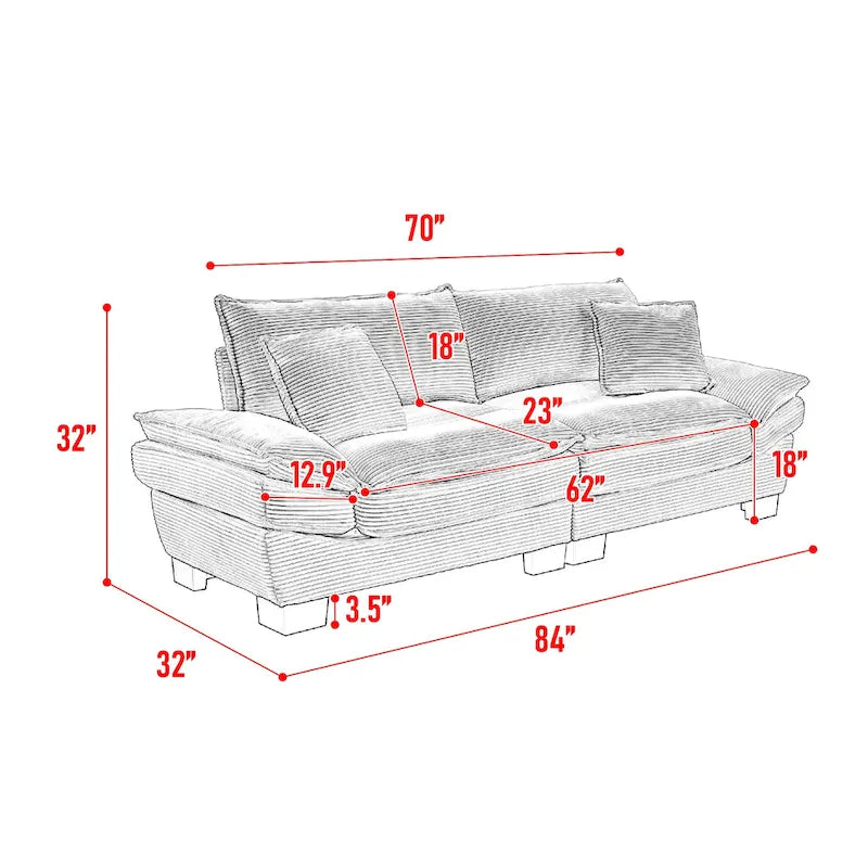 65,5 Polster-3-Sitzer-Sofa mit zwei Kissen und stabiler Konstruktion