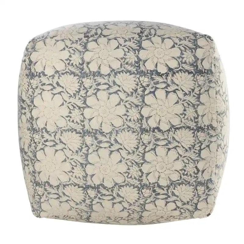 20 handgefertigte quadratische Pouf-Ottomanen mit Blumenmuster in Marineblau und Weiß