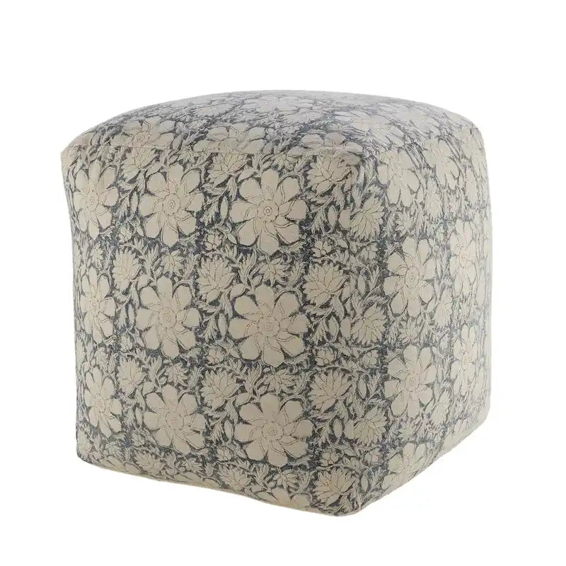20 handgefertigte quadratische Pouf-Ottomanen mit Blumenmuster in Marineblau und Weiß