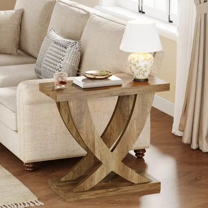 Bauernhaus Beistelltisch, schmaler Couchtisch mit Fischschwanz-Stützendesign für Wohnzimmer, Arbeitszimmer, Braun