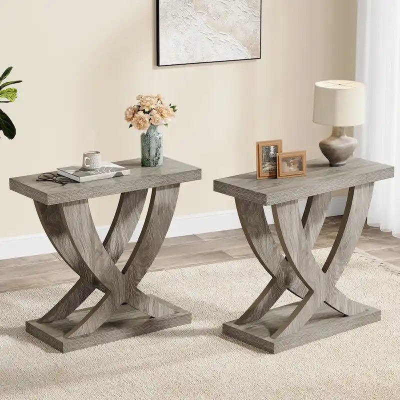 Bauernhaus Beistelltisch, schmaler Couchtisch mit Fischschwanz-Stützendesign für Wohnzimmer, Arbeitszimmer, Braun