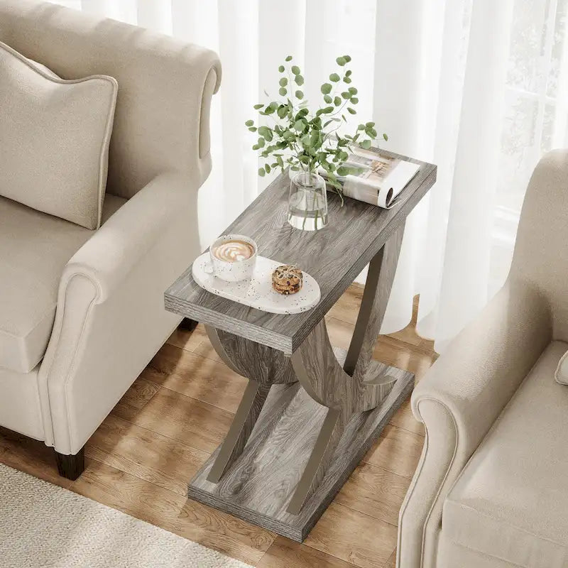 Bauernhaus Beistelltisch, schmaler Couchtisch mit Fischschwanz-Stützendesign für Wohnzimmer, Arbeitszimmer, Braun