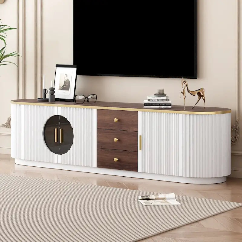 70.8 Floor Curved Storage TV Stand mit 3 Schubladen, 3-türiger dekorativer TV-Schrank für Fernseher bis 80 Zoll, Mediencouchtisch
