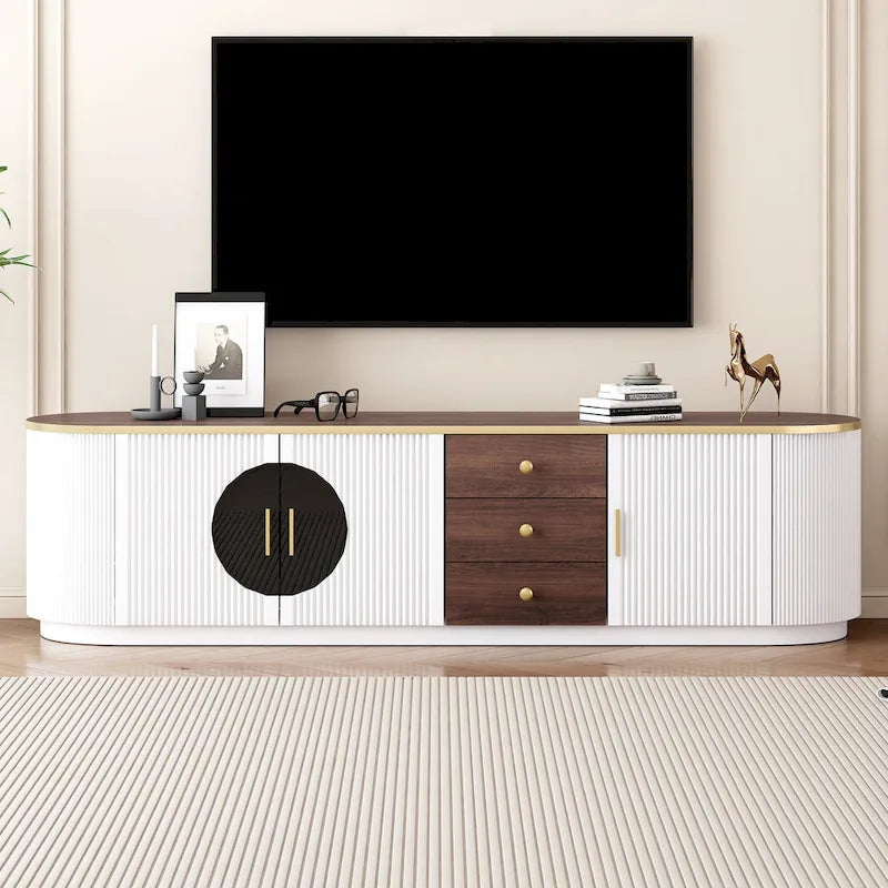 70.8 Floor Curved Storage TV Stand mit 3 Schubladen, 3-türiger dekorativer TV-Schrank für Fernseher bis 80 Zoll, Mediencouchtisch