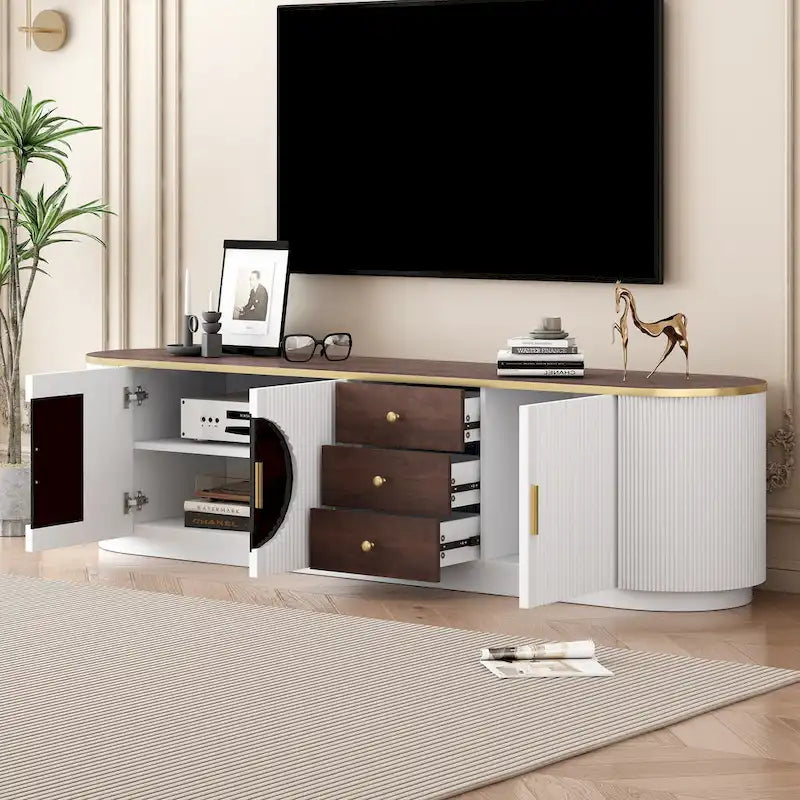 70.8 Floor Curved Storage TV Stand mit 3 Schubladen, 3-türiger dekorativer TV-Schrank für Fernseher bis 80 Zoll, Mediencouchtisch
