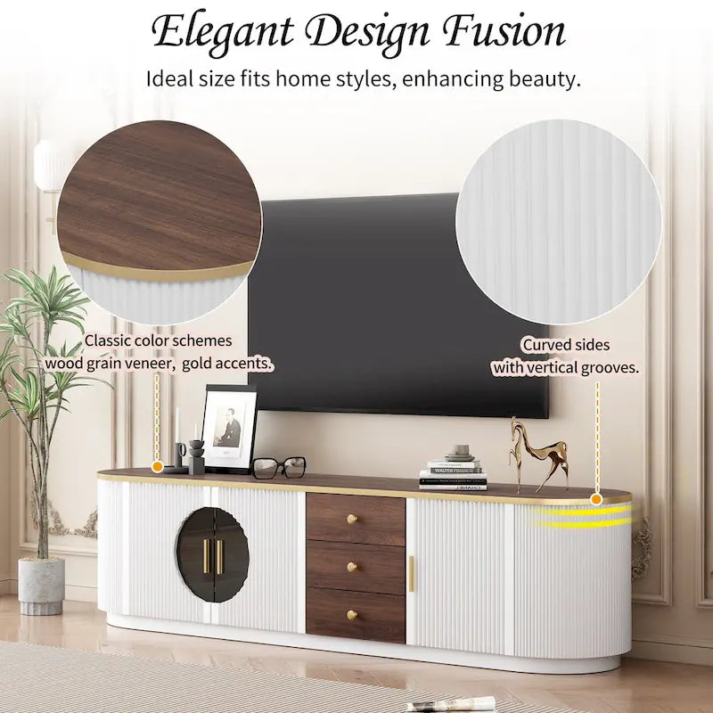 70.8 Floor Curved Storage TV Stand mit 3 Schubladen, 3-türiger dekorativer TV-Schrank für Fernseher bis 80 Zoll, Mediencouchtisch