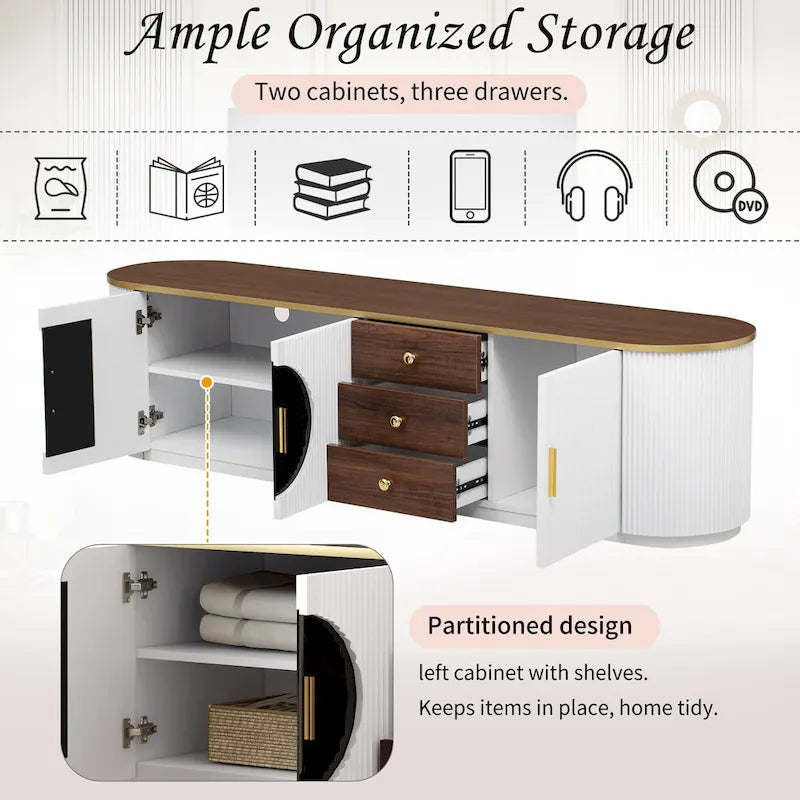 70.8 Floor Curved Storage TV Stand mit 3 Schubladen, 3-türiger dekorativer TV-Schrank für Fernseher bis 80 Zoll, Mediencouchtisch