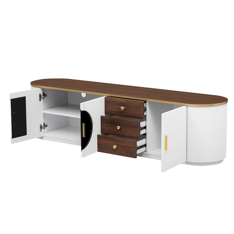 70.8 Floor Curved Storage TV Stand mit 3 Schubladen, 3-türiger dekorativer TV-Schrank für Fernseher bis 80 Zoll, Mediencouchtisch