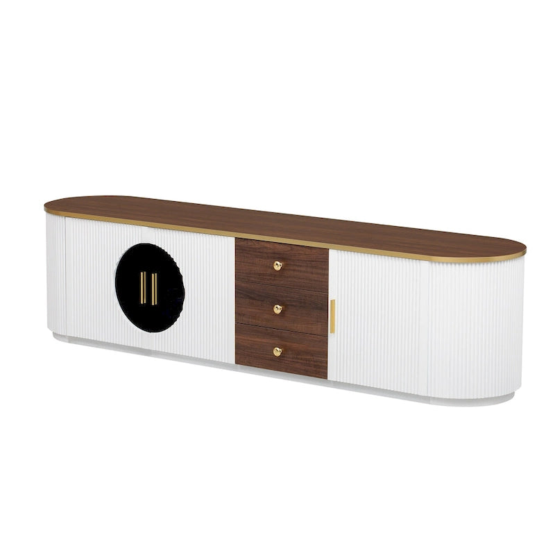 70.8 Floor Curved Storage TV Stand mit 3 Schubladen, 3-türiger dekorativer TV-Schrank für Fernseher bis 80 Zoll, Mediencouchtisch