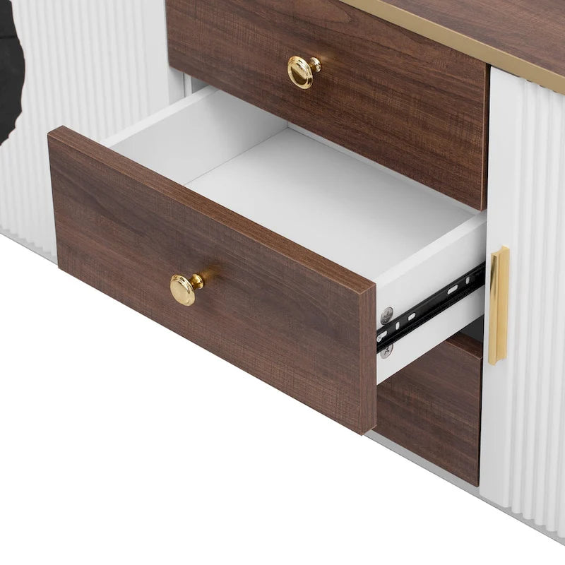 70.8 Floor Curved Storage TV Stand mit 3 Schubladen, 3-türiger dekorativer TV-Schrank für Fernseher bis 80 Zoll, Mediencouchtisch