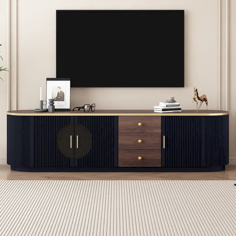 70.8 Floor Curved Storage TV Stand mit 3 Schubladen, 3-türiger dekorativer TV-Schrank für Fernseher bis 80 Zoll, Mediencouchtisch