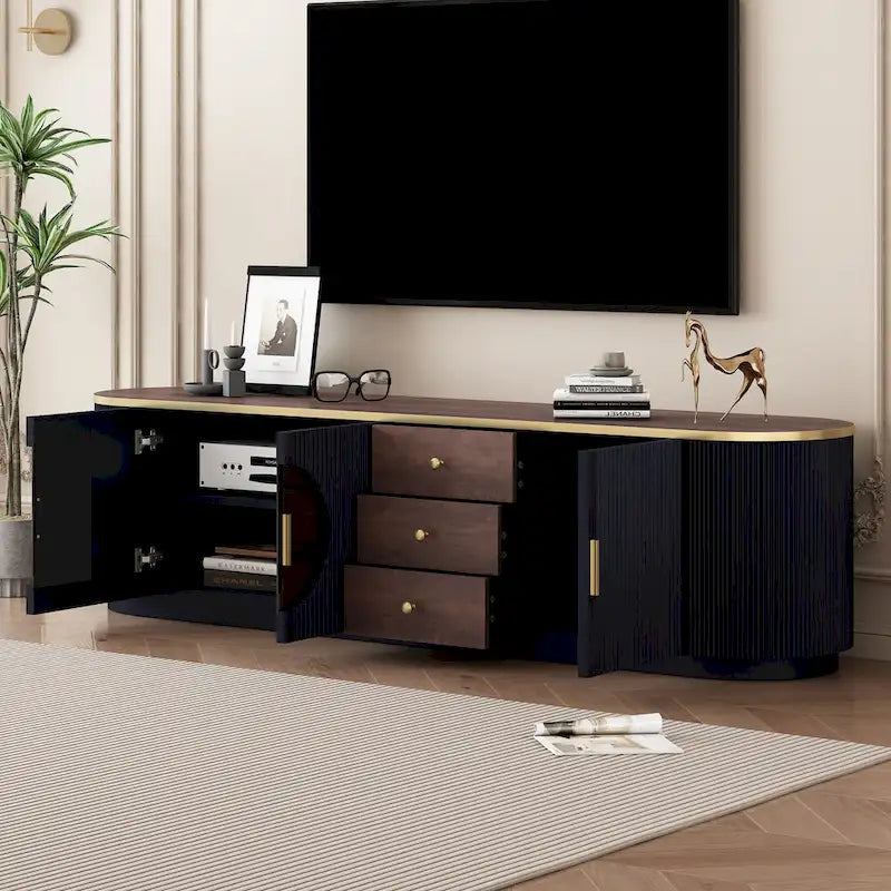 70.8 Floor Curved Storage TV Stand mit 3 Schubladen, 3-türiger dekorativer TV-Schrank für Fernseher bis 80 Zoll, Mediencouchtisch