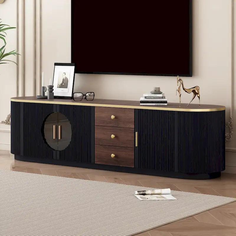 70.8 Floor Curved Storage TV Stand mit 3 Schubladen, 3-türiger dekorativer TV-Schrank für Fernseher bis 80 Zoll, Mediencouchtisch