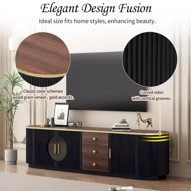 70.8 Floor Curved Storage TV Stand mit 3 Schubladen, 3-türiger dekorativer TV-Schrank für Fernseher bis 80 Zoll, Mediencouchtisch