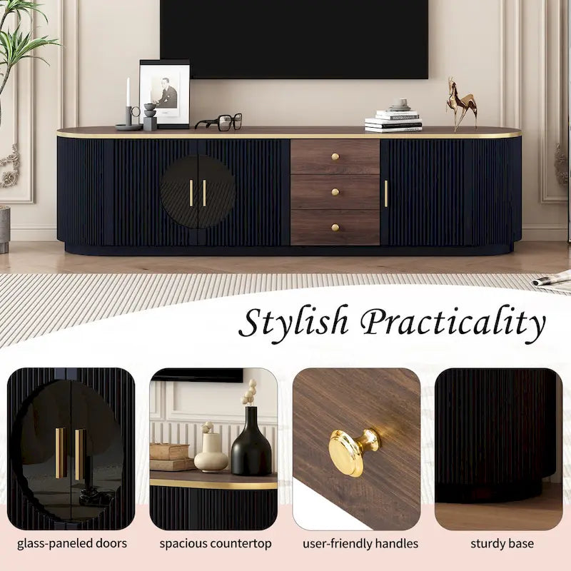 70.8 Floor Curved Storage TV Stand mit 3 Schubladen, 3-türiger dekorativer TV-Schrank für Fernseher bis 80 Zoll, Mediencouchtisch