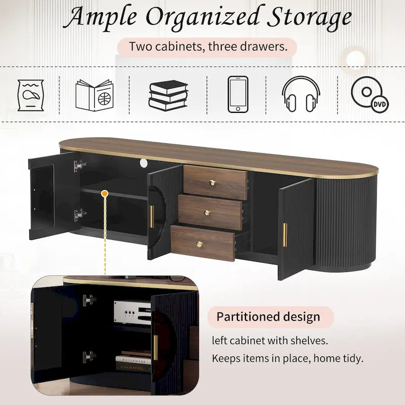 70.8 Floor Curved Storage TV Stand mit 3 Schubladen, 3-türiger dekorativer TV-Schrank für Fernseher bis 80 Zoll, Mediencouchtisch