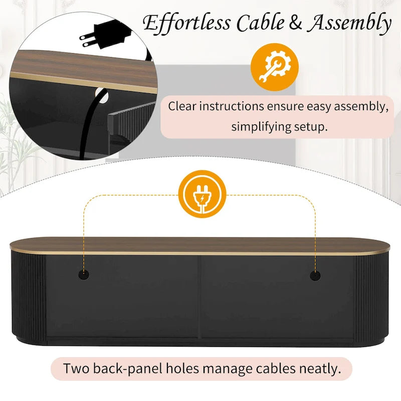 70.8 Floor Curved Storage TV Stand mit 3 Schubladen, 3-türiger dekorativer TV-Schrank für Fernseher bis 80 Zoll, Mediencouchtisch