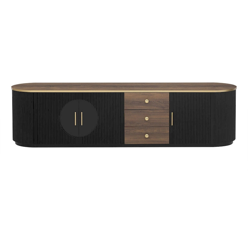 70.8 Floor Curved Storage TV Stand mit 3 Schubladen, 3-türiger dekorativer TV-Schrank für Fernseher bis 80 Zoll, Mediencouchtisch