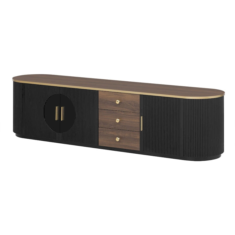 70.8 Floor Curved Storage TV Stand mit 3 Schubladen, 3-türiger dekorativer TV-Schrank für Fernseher bis 80 Zoll, Mediencouchtisch