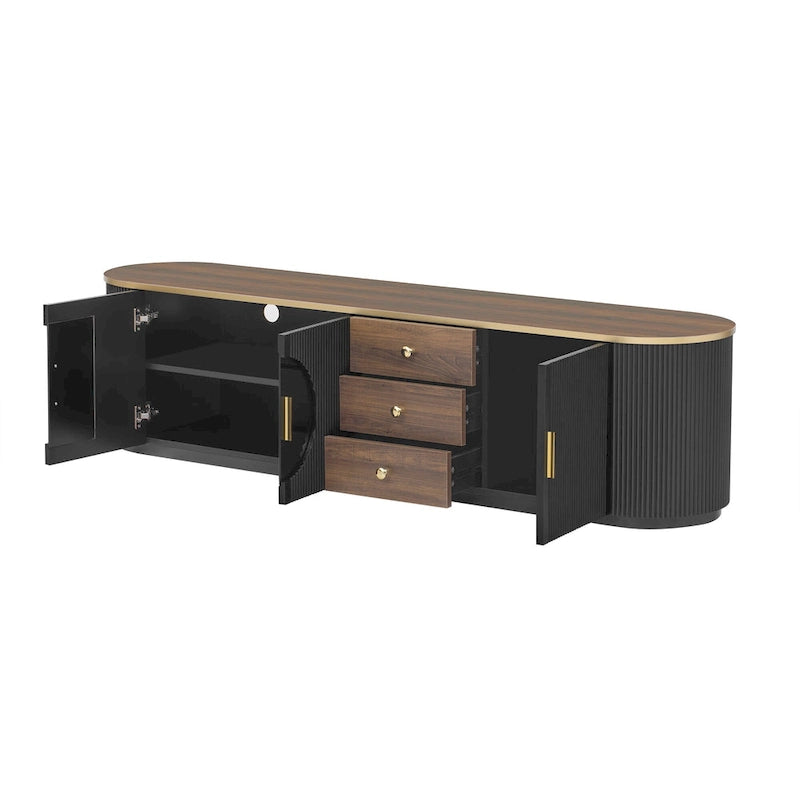 70.8 Floor Curved Storage TV Stand mit 3 Schubladen, 3-türiger dekorativer TV-Schrank für Fernseher bis 80 Zoll, Mediencouchtisch
