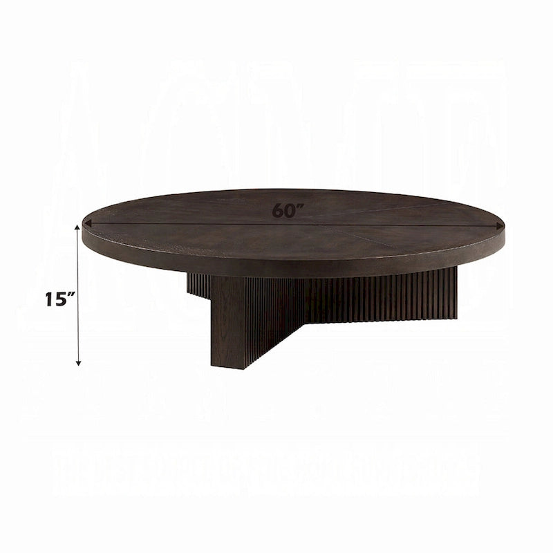 Runder Couchtisch, 60 Zoll, Espressobraunes Holz, dreifach geriffelte Beine