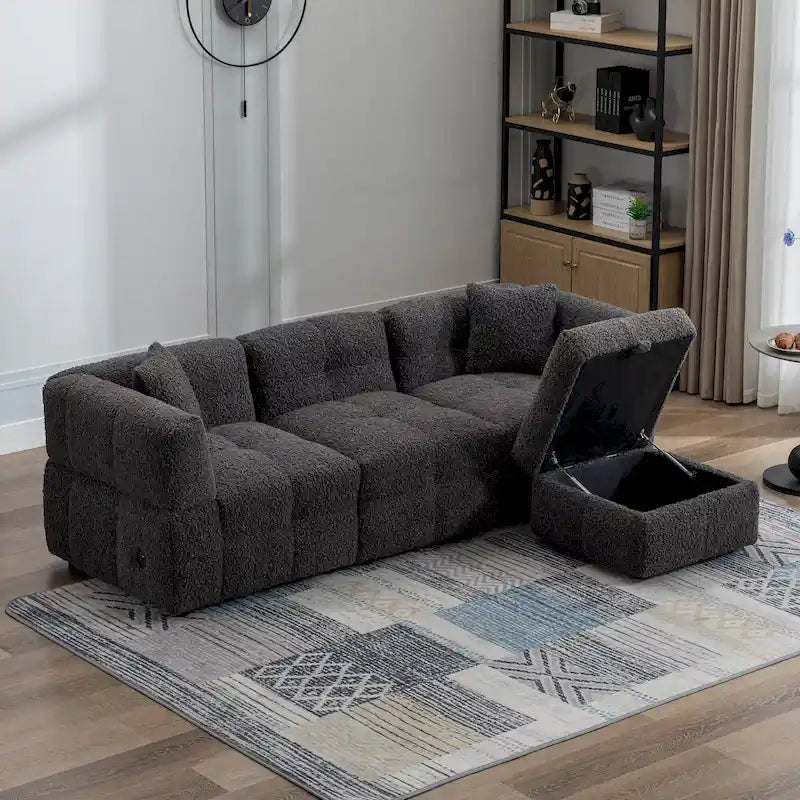 87.7 Stoff-Viersitzer-Sektionssofa mit beweglichem Ottoman, 2 USB-Anschlüssen und 2 Lendenkissen, ideal für das Wohnzimmer