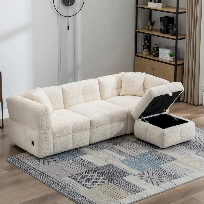 87.7 Stoff-Viersitzer-Sektionssofa mit beweglichem Ottoman, 2 USB-Anschlüssen und 2 Lendenkissen, ideal für das Wohnzimmer