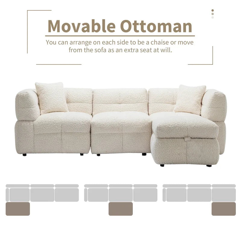 87.7 Stoff-Viersitzer-Sektionssofa mit beweglichem Ottoman, 2 USB-Anschlüssen und 2 Lendenkissen, ideal für das Wohnzimmer