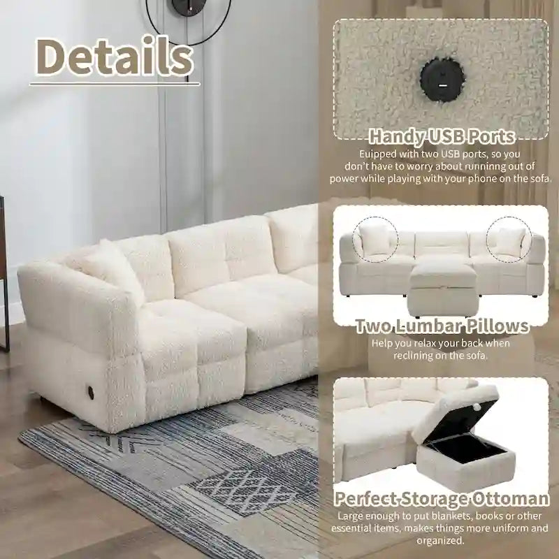 87.7 Stoff-Viersitzer-Sektionssofa mit beweglichem Ottoman, 2 USB-Anschlüssen und 2 Lendenkissen, ideal für das Wohnzimmer