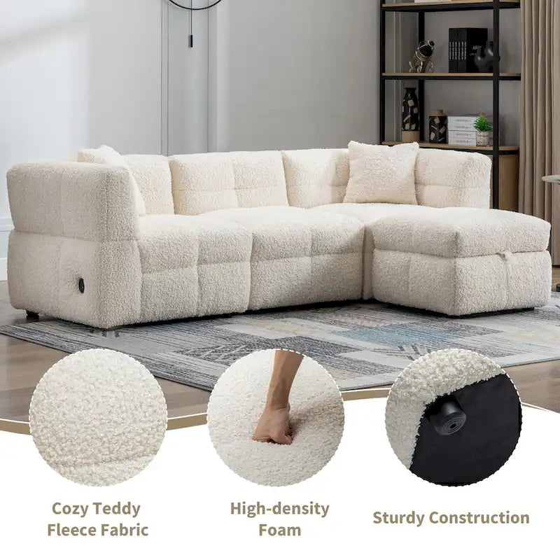 87.7 Stoff-Viersitzer-Sektionssofa mit beweglichem Ottoman, 2 USB-Anschlüssen und 2 Lendenkissen, ideal für das Wohnzimmer