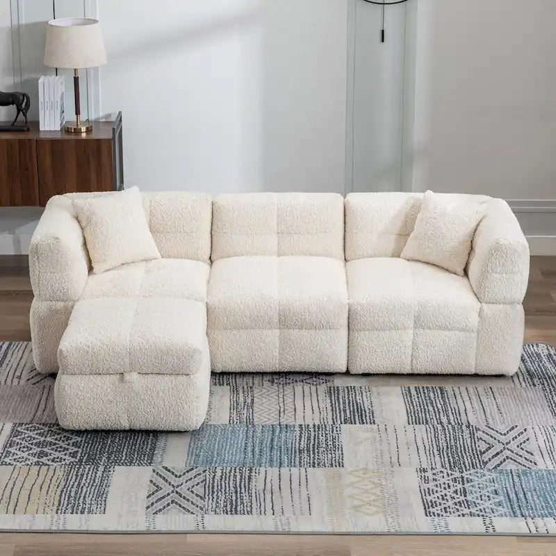 87.7 Stoff-Viersitzer-Sektionssofa mit beweglichem Ottoman, 2 USB-Anschlüssen und 2 Lendenkissen, ideal für das Wohnzimmer