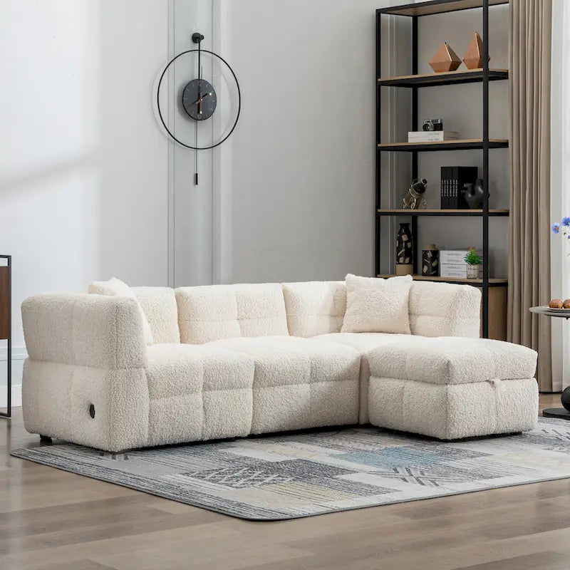 87.7 Stoff-Viersitzer-Sektionssofa mit beweglichem Ottoman, 2 USB-Anschlüssen und 2 Lendenkissen, ideal für das Wohnzimmer