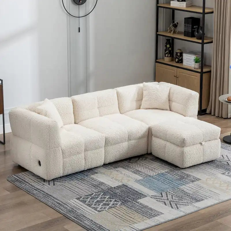 87.7 Stoff-Viersitzer-Sektionssofa mit beweglichem Ottoman, 2 USB-Anschlüssen und 2 Lendenkissen, ideal für das Wohnzimmer
