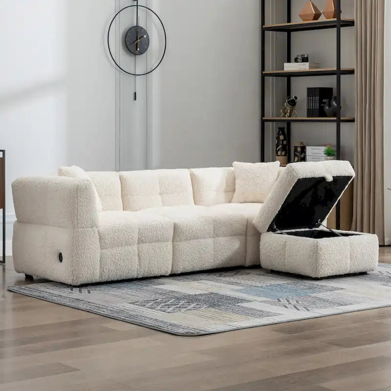 87.7 Stoff-Viersitzer-Sektionssofa mit beweglichem Ottoman, 2 USB-Anschlüssen und 2 Lendenkissen, ideal für das Wohnzimmer