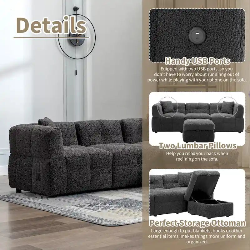 87.7 Stoff-Viersitzer-Sektionssofa mit beweglichem Ottoman, 2 USB-Anschlüssen und 2 Lendenkissen, ideal für das Wohnzimmer
