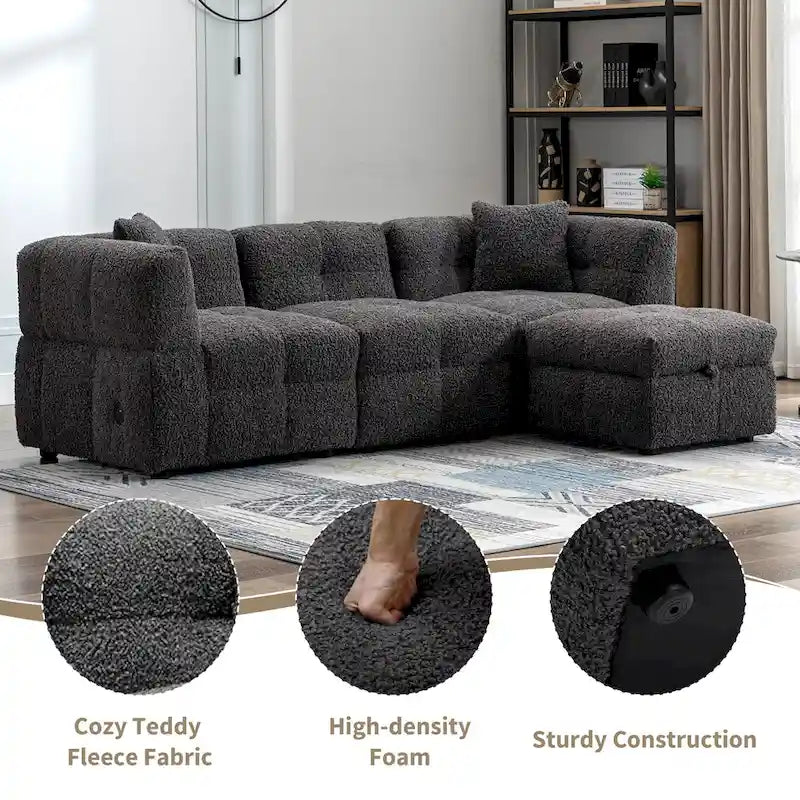87.7 Stoff-Viersitzer-Sektionssofa mit beweglichem Ottoman, 2 USB-Anschlüssen und 2 Lendenkissen, ideal für das Wohnzimmer