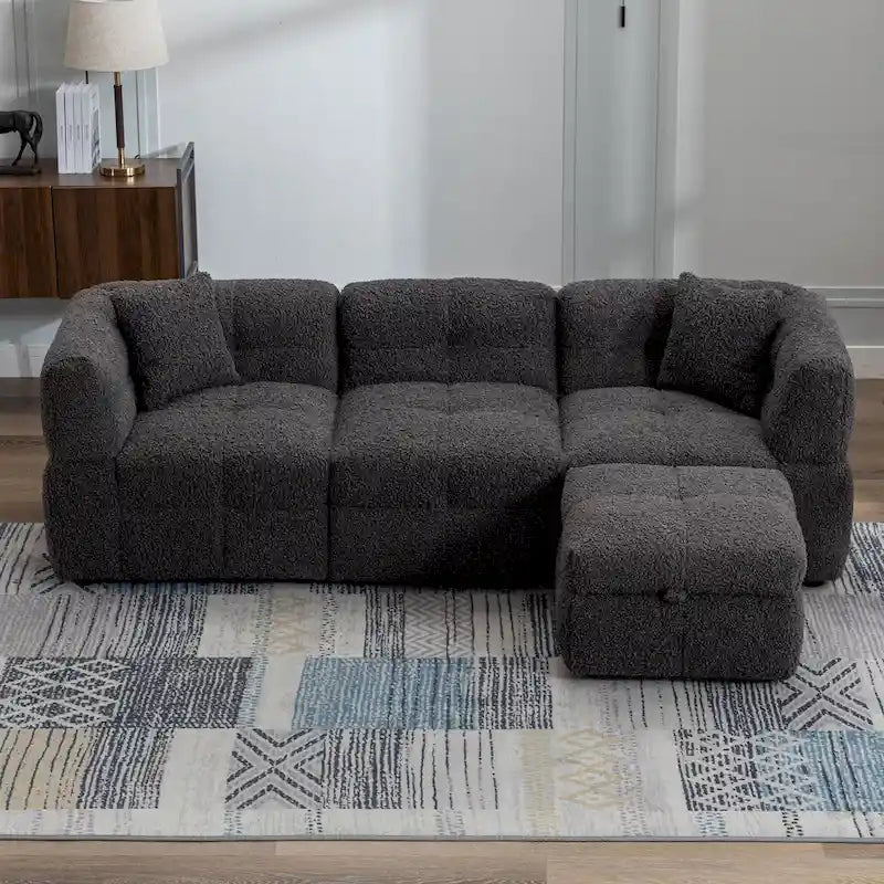 87.7 Stoff-Viersitzer-Sektionssofa mit beweglichem Ottoman, 2 USB-Anschlüssen und 2 Lendenkissen, ideal für das Wohnzimmer